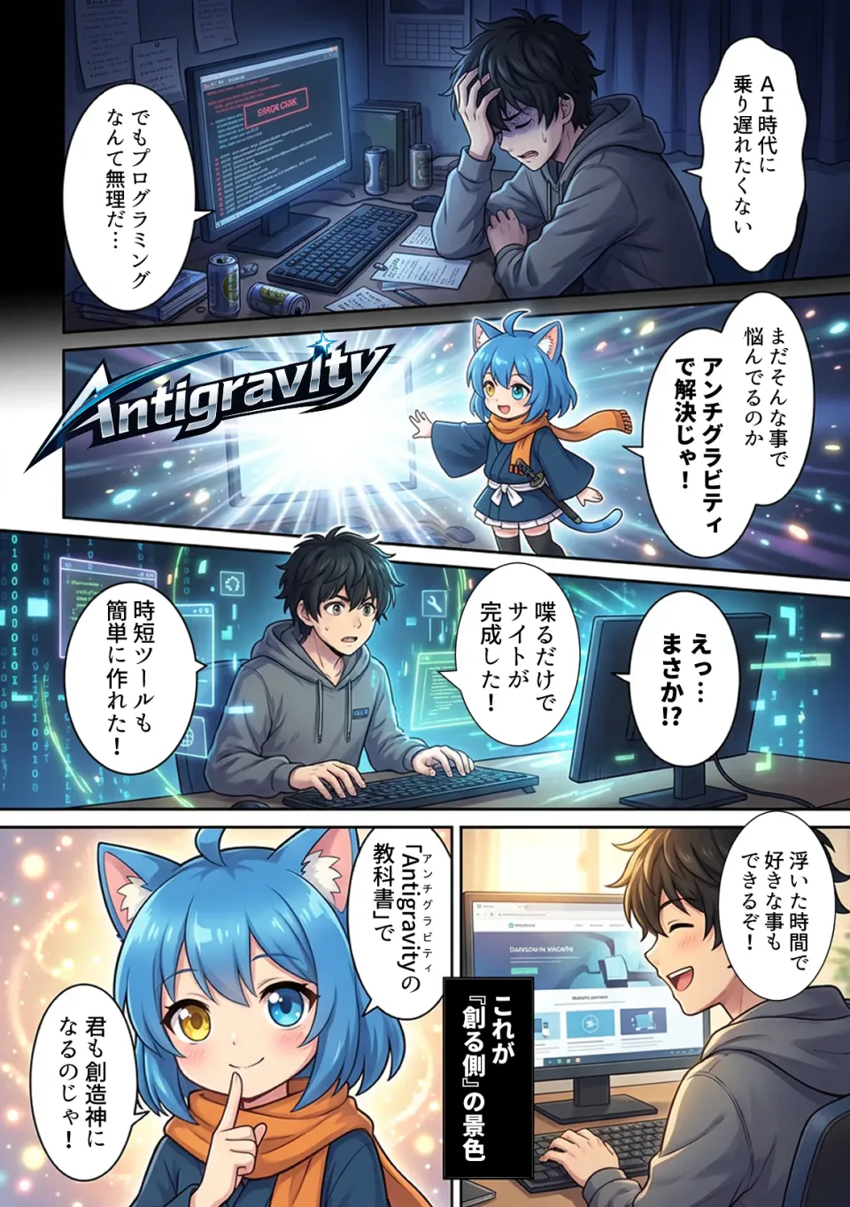 プログラミングで止まり、自分には無理だと悩む人がAntigravityと出会う場面